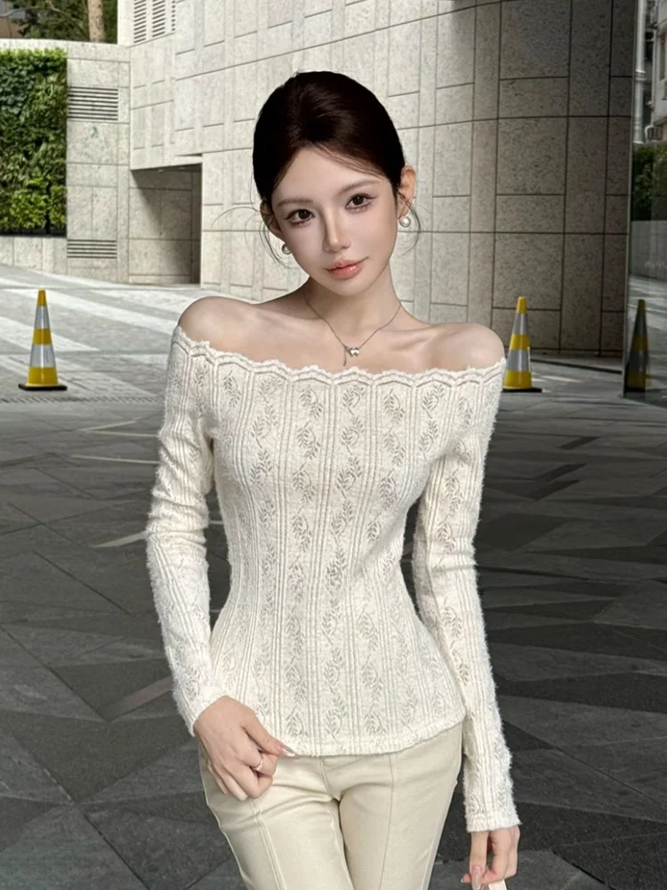 

Stazf7 Uymo Pure Desire Lace Trim Slim Fit Shoulder Bridesmaid Shirt Women Spring Elegant Lady Base Shirt One Shoulder Design