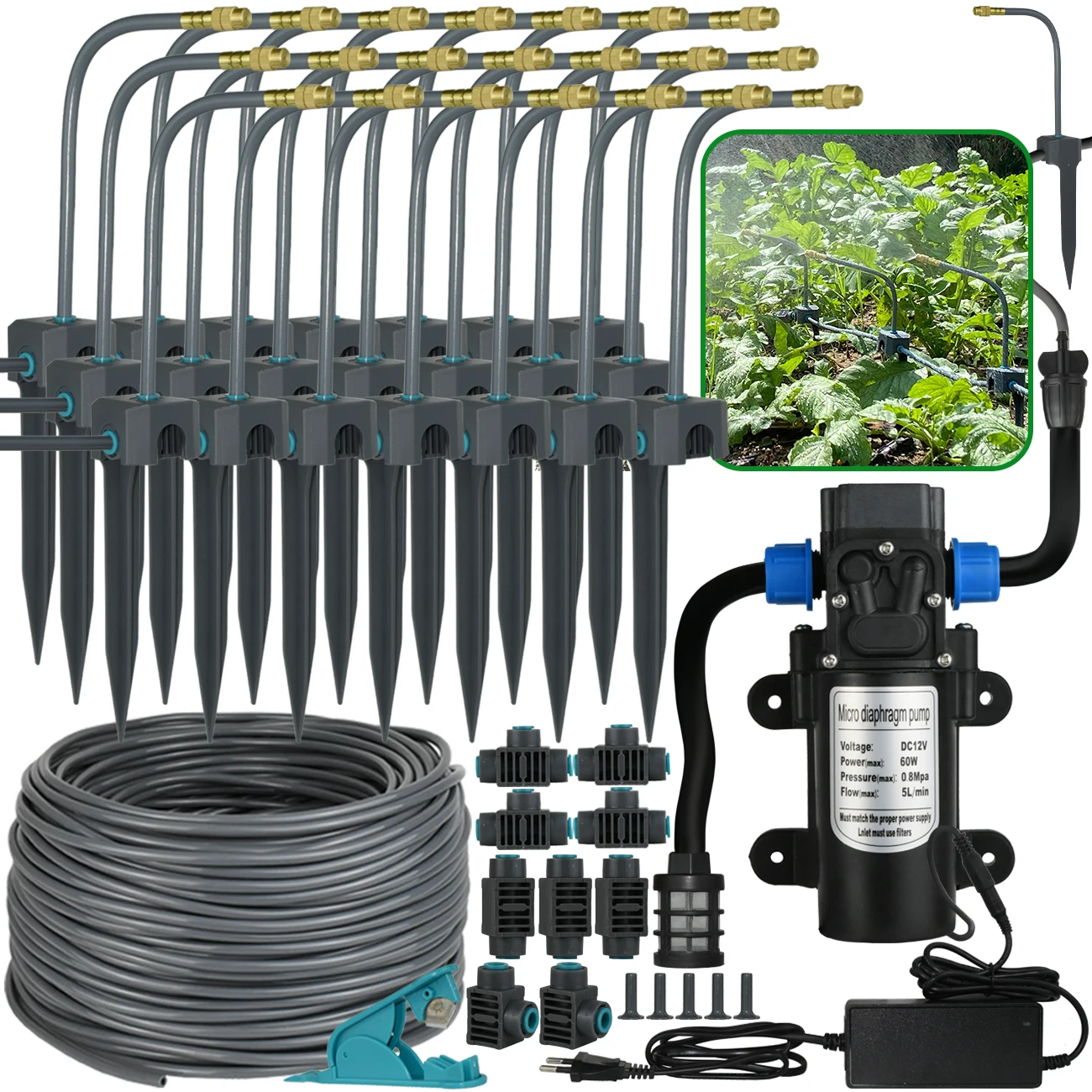 Drip Irrigation Kit 5M-30M Bendable Mist Brass Cooling 360° Sprinkler Self-priming Pump Watering System Quick Push-in Connector