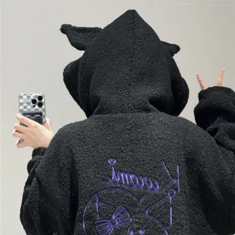 Sanrio Kuromi Hoodies Cartoon Black Embroidery Thin Coat Women Y2k Aesthetic Tops Autumn Female Fashion Loose Sweatshirt Clothes