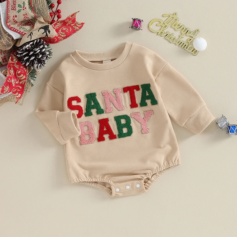 Casual Baby Long Sleeve Sweatshirt Rompers Infant Christmas Fuzzy Letter Round Neck Bodysuit Newborn Xmas Jumpsuits Clothes