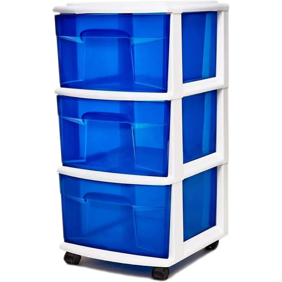 

HOMZ Drawer Tower 3-Tier Clear Blue Plastic Storage Organizer Cart with White Frame and Wheels - Ideal Rolling Drawer Container