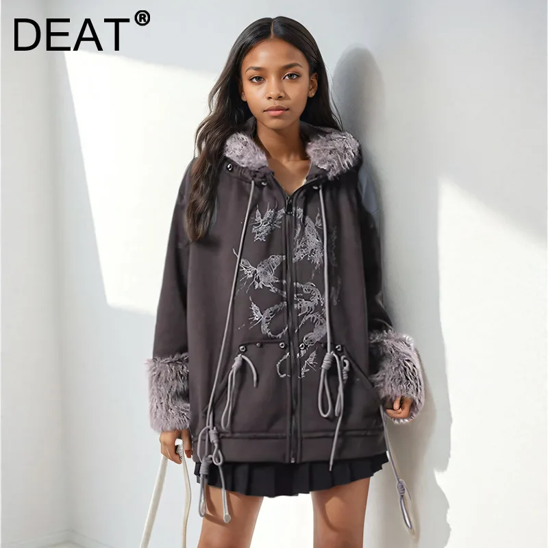 DEAT Fashion Women's Detachable Hooded Sweatshirt 2024 Winter New Spliced Plush Edge Drawstring Design Tops Female 33A2203