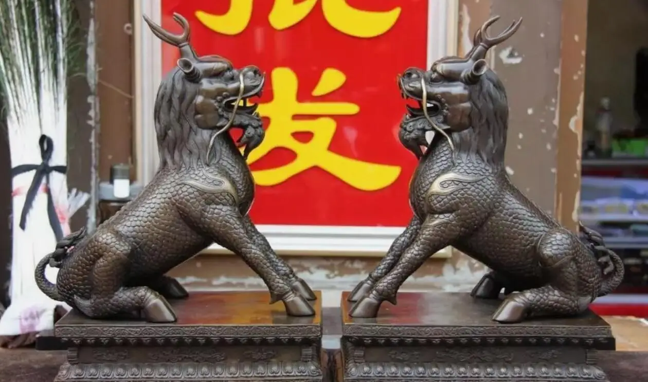 Palace Feng Shui Bronze Copper Foo Fu Dog Guardion Dragon Lion kirin kylin Pair