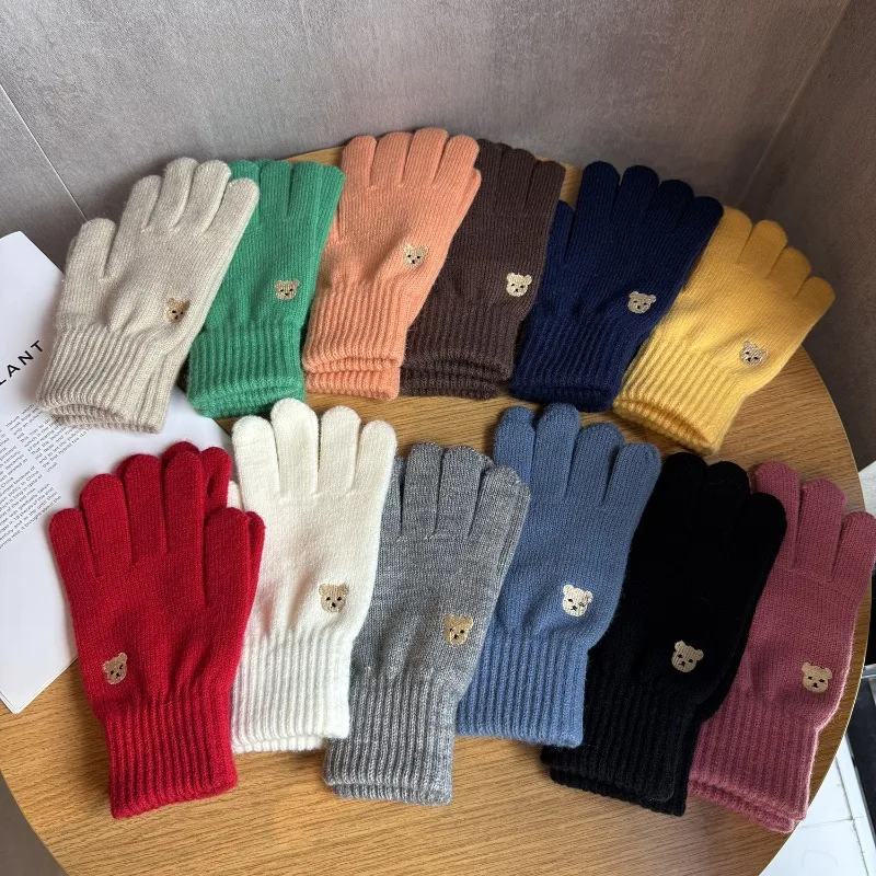 Cute Lovely Sweety Cartoon Puppy Embroidery Knitted Yarn Gloves Women Winter Keep Warm Touch Screen Thin Not Bloated