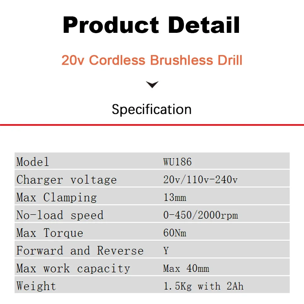 WORX Cordless Electric Drill WU186 20V 60Nm 2000rpm 2 Speed Adjustable Brushless Motor Power Share Green Battery Platform