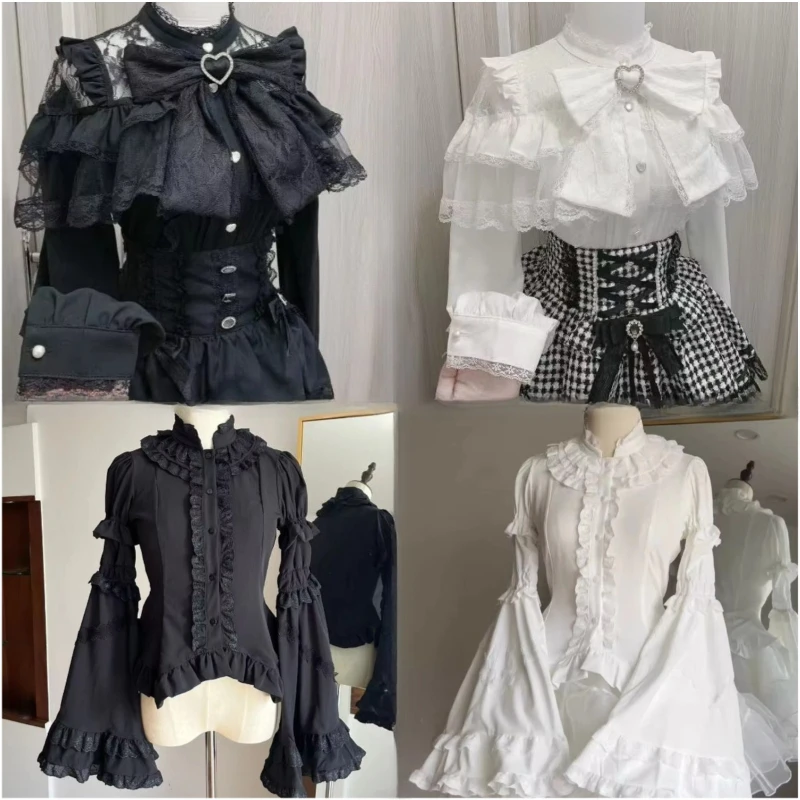 Kawaii Damen Niedliche Lolita-Bluse mit Spitzenkragen, Patchwork, Puffärmeln, Spitzenbesatz, Rüschenkragen, Schleife, Vintage-Party-Cosplay-Oberteil Neu