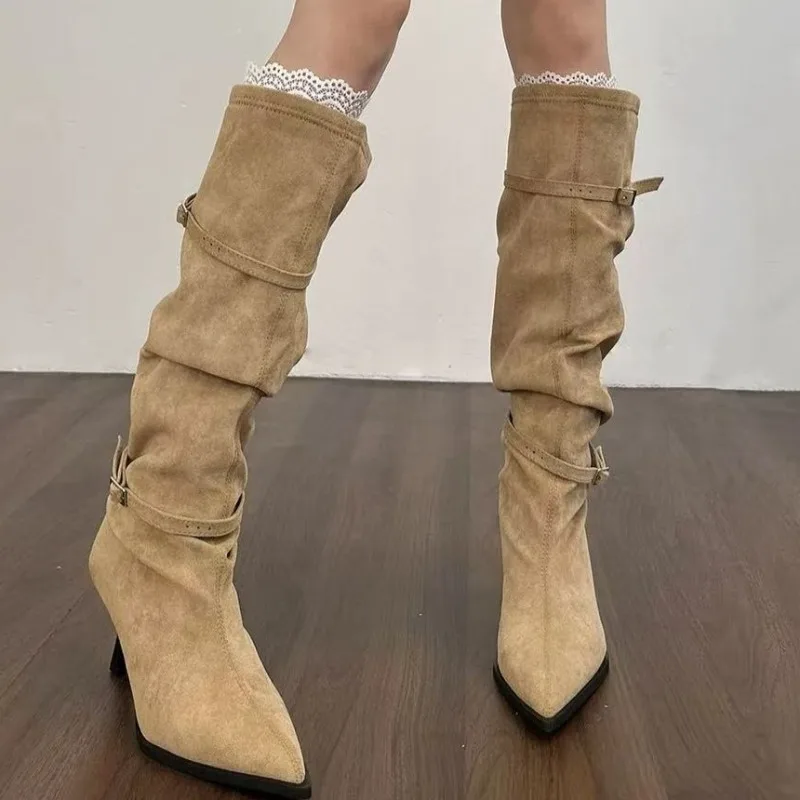 2025 Winter Daily Casual Suede Warm Women's Mid-calf Boots Brand Pleated Designer Women's Boots Classic Solid Color High Boots