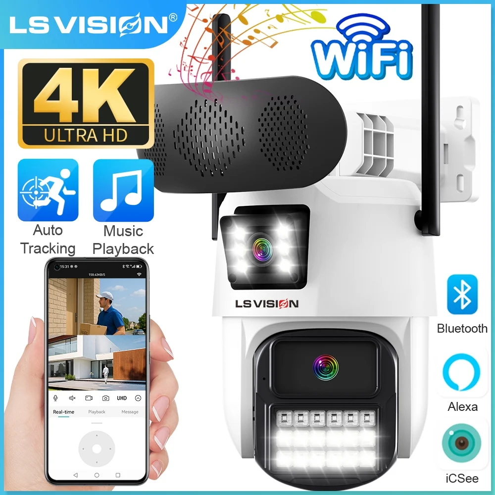 

LS VISION 8MP Dual Screens Bluetooth Speaker Outdoor Wifi Camera W/Music Pleayer Surveillance Auto Tracking PTZ Security Cameras