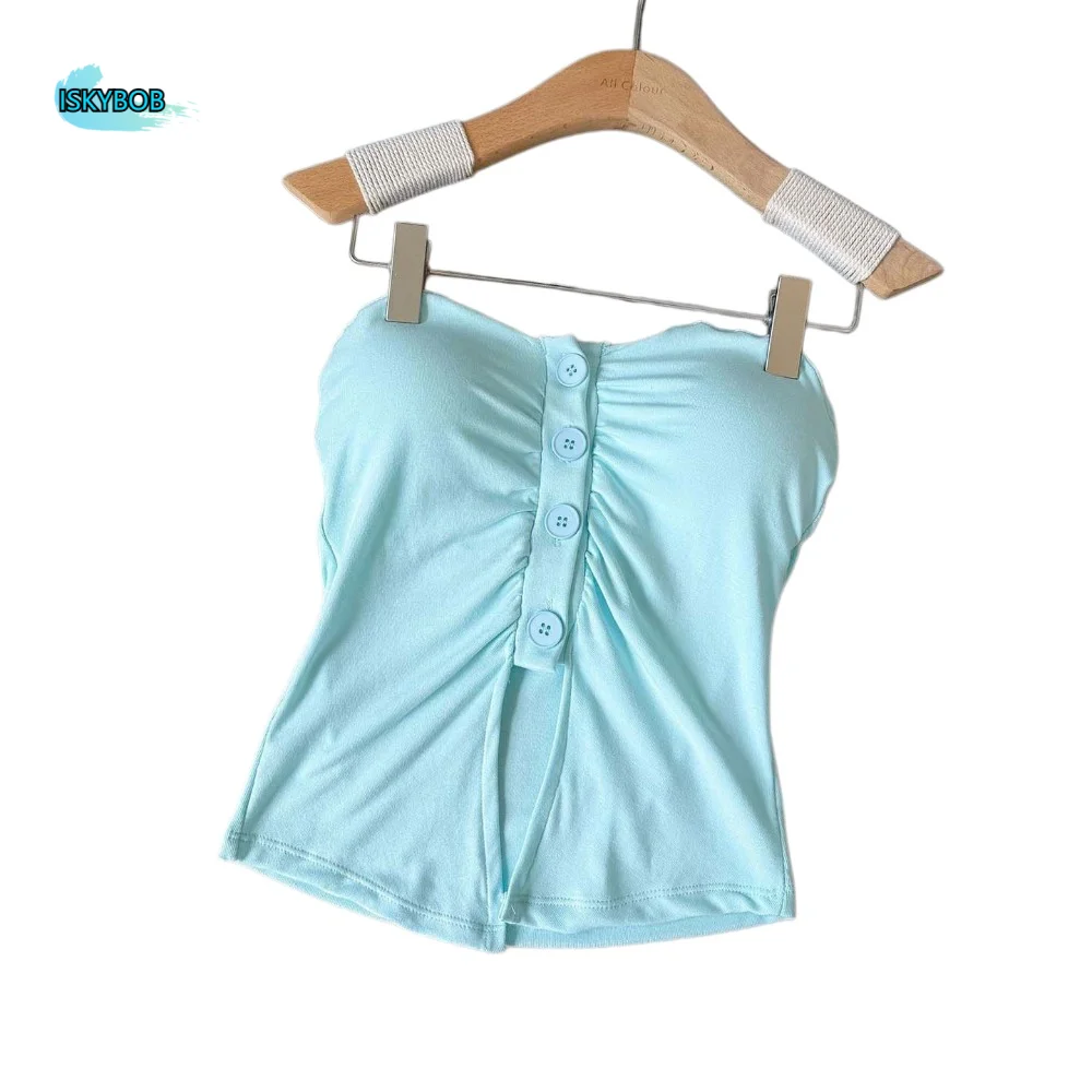 

Colorful Corset Pleated Button Camisole Bottom Layer Vest Slim Fit Crop Tops with Pads Strapless Tanks Suspender Vest Ladies