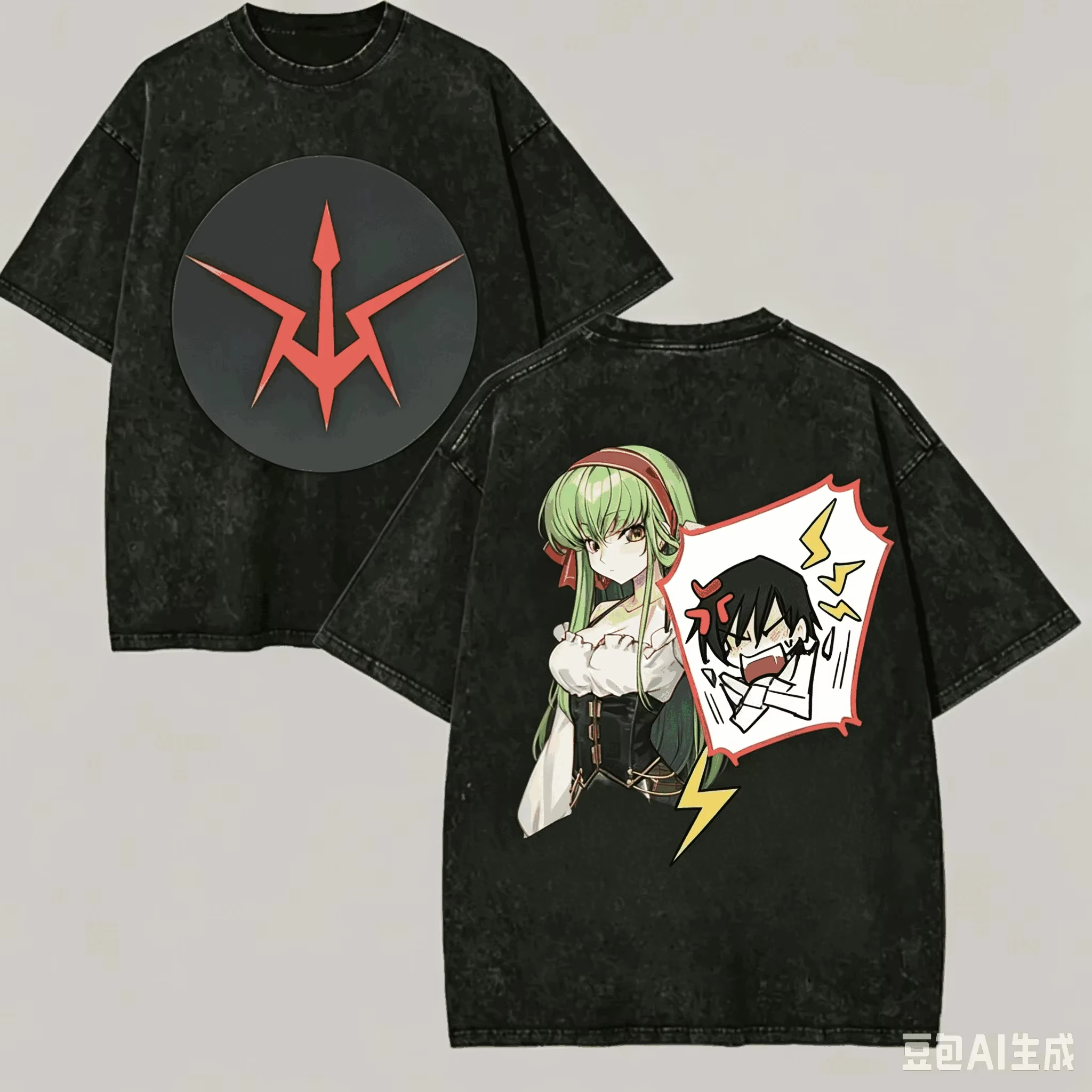 Vintage Washed Code Geass T Shirt Manga Double Sided Graphic Soft Cotton Crew Neck Short Sleeve Unisex Oversized Streetwear Tees
