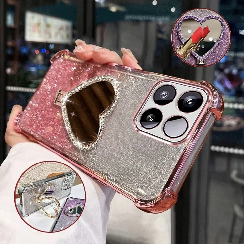 Glitter Heart Mirror Holder Stand Phone Case For Honor 600 Lite 400 Smart 500 200 300 100 90 80 70 50 Pro Shockproof Soft Cover