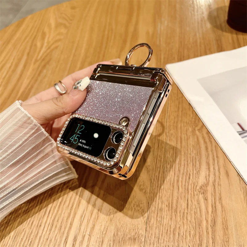 بريق حلقة حامل حامل حافظة لهاتف سامسونج جالاكسي Z فليب 3 4 5 6 Z فليب فليب 5 6 5 جرام قوس بلينغ الماس التدرج تصفيح غطاء #4