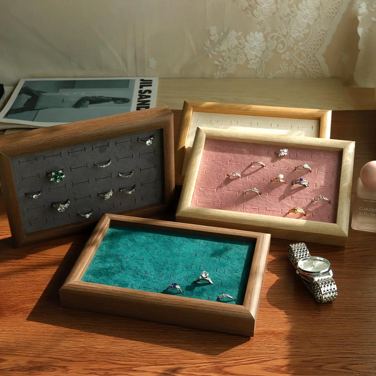 Bandejas de joyería de terciopelo, bandeja de exhibición de anillos con 30 ranuras, gran capacidad, anillo de dedo, pendientes, gemelos, estante de almacenamiento, organizador