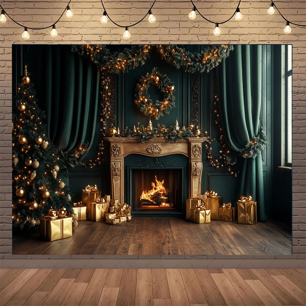 

Christmas Fireplace Room Background Photography Xmas Tree Window Green Curtains Carpet Backdrop Winter Family Photo