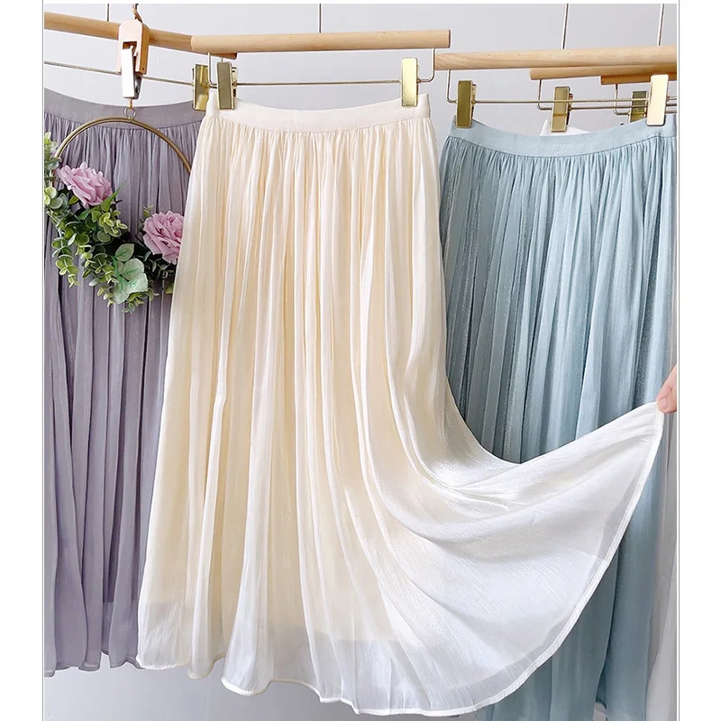 Solid Color Casual Midi Skirt 2024 Spring Summer Fashion Women's Elastic Waist Mesh Skirt Female Elegant Pleated A-Line Dress