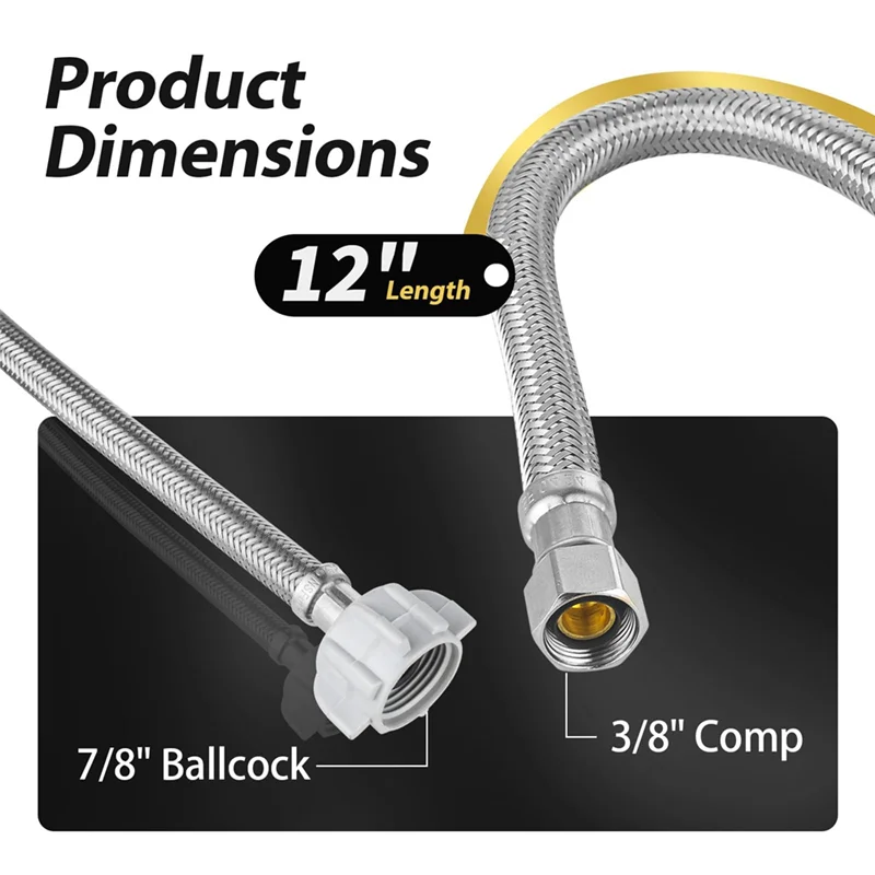 A74E-12-In 編組 Toliet ホース、3/8 インチ Comp X 7/8 インチボールコック、トイレホース交換用ステンレス鋼給水ライン