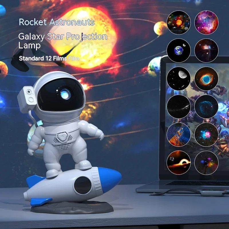 Rocket Astronaut Galaxy Projector Night Light Lamp And 13 Film Pieces Sky Projector 360° Rotate Planetarium For Kids Bedroom