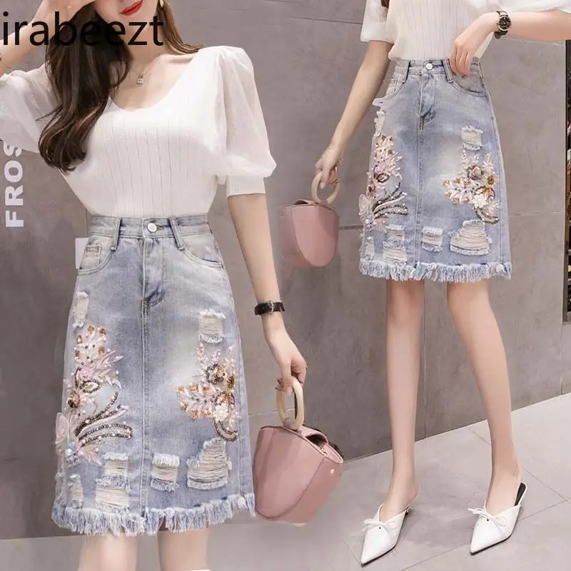 

2024 Summer New Fashion Ripped Denim Skirt Package Hip One-step Mid-length Skirt Regulai Fit Faldas Escocesas De Mujer