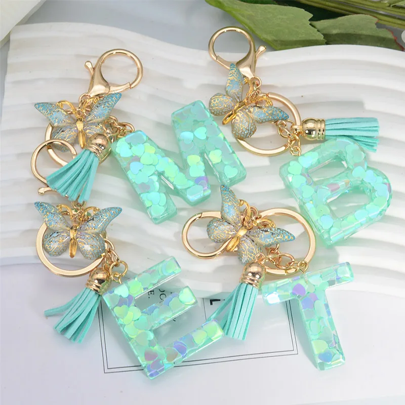 Fashion Green Tassel Butterfly 26Letter Keychain Heart-shaped Sequin Filled Resin Alphabet Keyring for Women Car Handbag Pendant