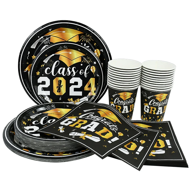 Class of 2024 Graduation Party Disposable Tableware Black Gold Disposable Plates Cups Napkins Cutlery For Grduate Party Supplies