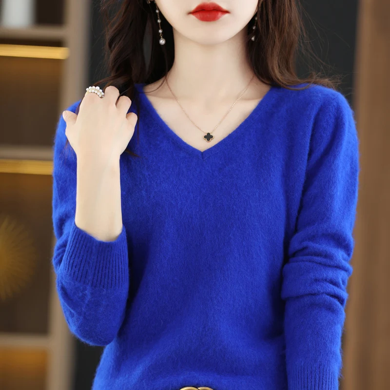 2024 Autumn Winter New Mink Cashmere Sweater Women\'s V-Neck Knitted Base SweaterPpullover Long Sleeved Warm And Simple Top Loose