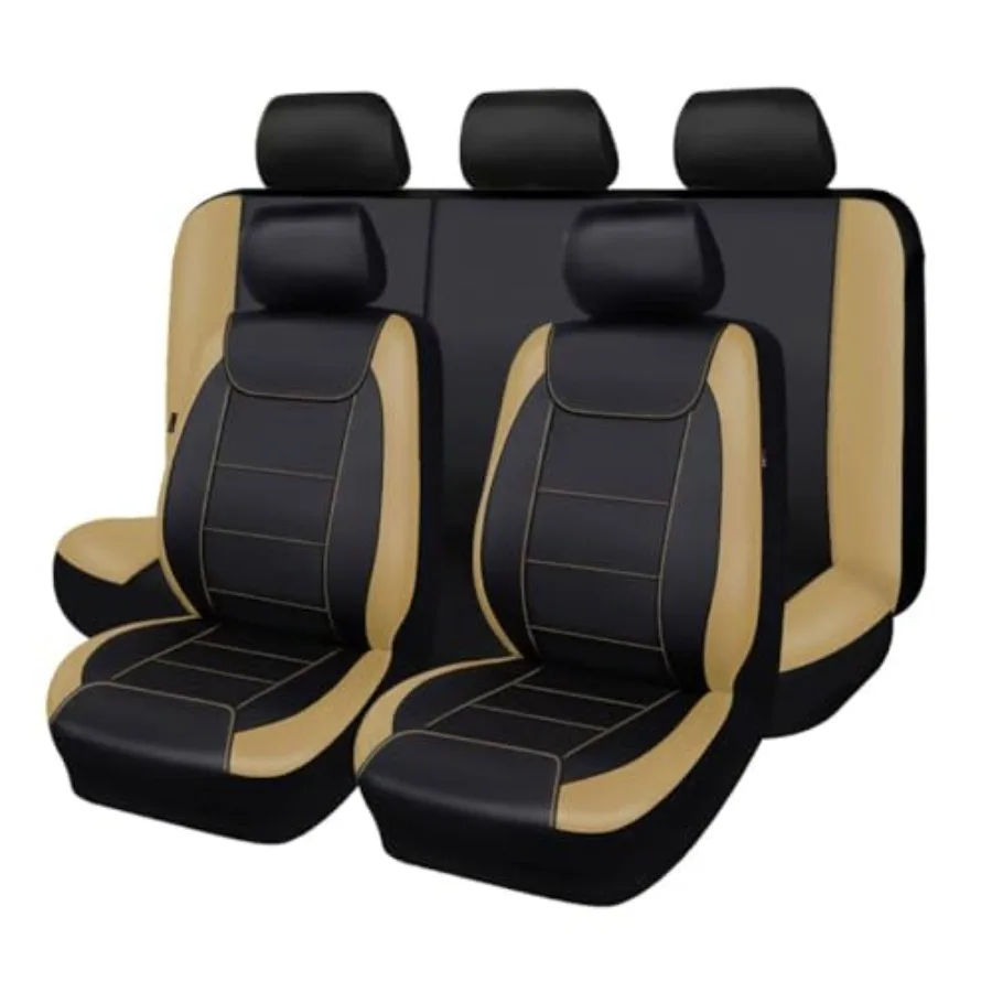 

Car Seat Covers Waterproof Faux Leather Carbon Fiber Front and Rear Bench Seat Cover Set Black Beige Full 8PCS
