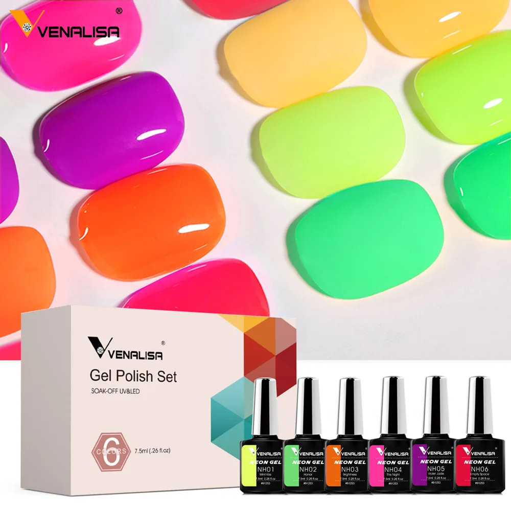 Venalisa Neon Summer Color Nail Gel Polish 6pcs/Kit HEMA FREE Jelly Pink Self Leveling Long Wear Tempered Top Nail Manicure Set