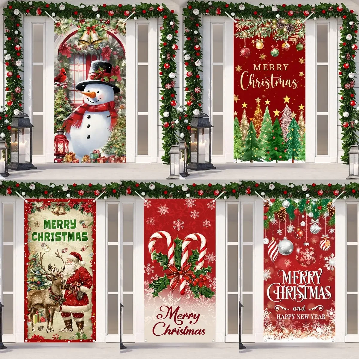 VIKAMA Weihnachts-Türbanner, Weihnachten, glückliche Veranda, Schild zum Aufhängen, Hintergrund, Party-Dekoration, Fotografie-Hintergrund