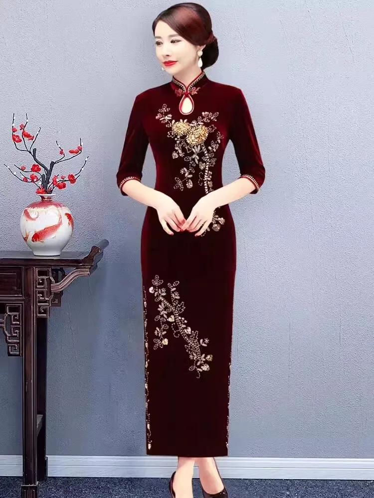 

Retro Luxury Velvet Qipao Wedding Dr Handmade Beading Autumn Wear for Women over 35 Long Sve Color Low Slit