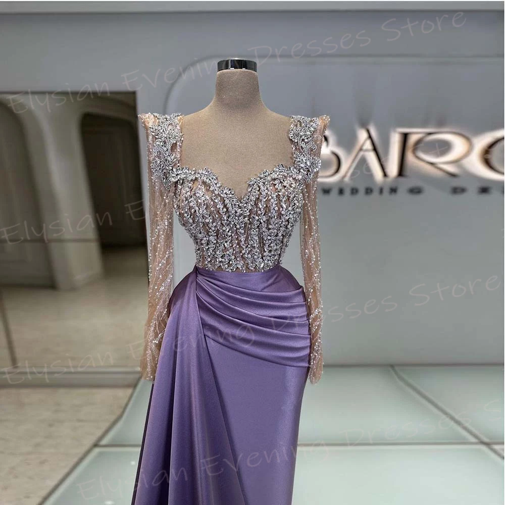 Graceful Purple Women's Mermaid Generous Evening Dresses Long Sleeve Pleated Customized Prom Gowns Beaded فساتين سهره شارون سعيد