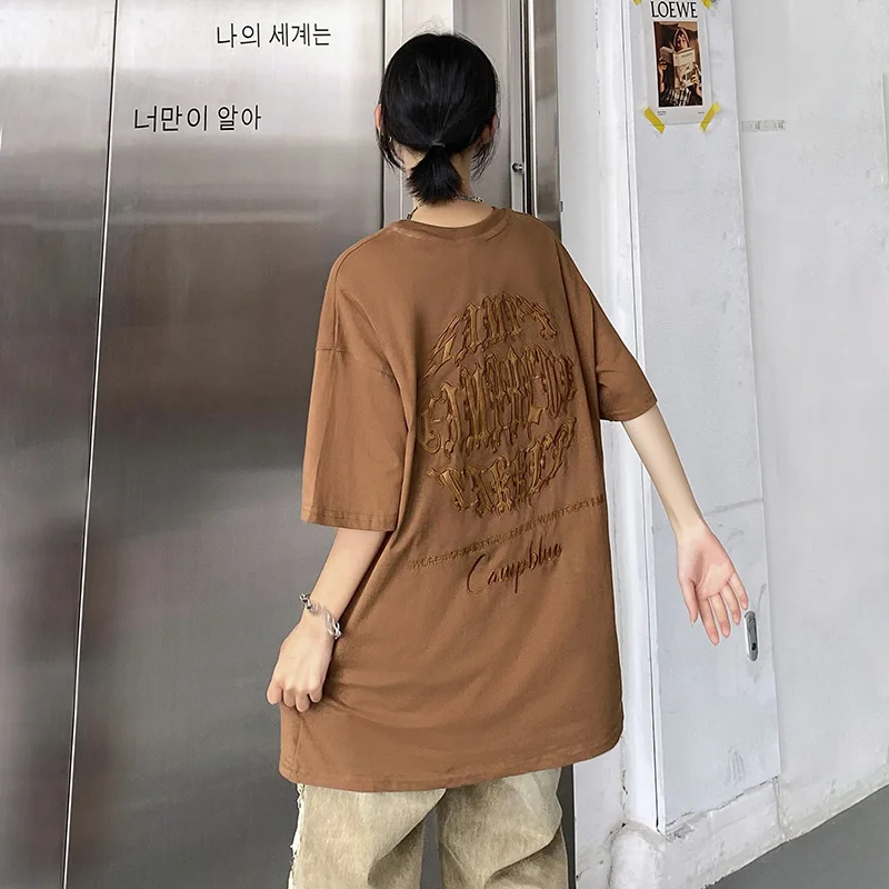 

Oversze Design Man Women Loose Short Sleeve T-shirt Women's Couples Summer Korean Version Medium Length Off Shoulder Top