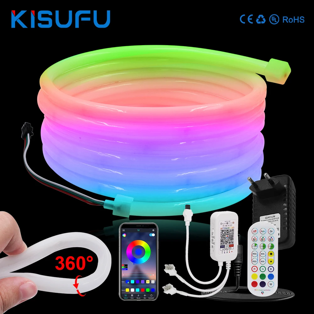

360 Круглая неоновая светодиодная лента 24 В WS2811 RGB IC Радужные силиконовые веревочные светильники Smart WiFi Bluetooth Пульт дистанционного управления Уличная лента