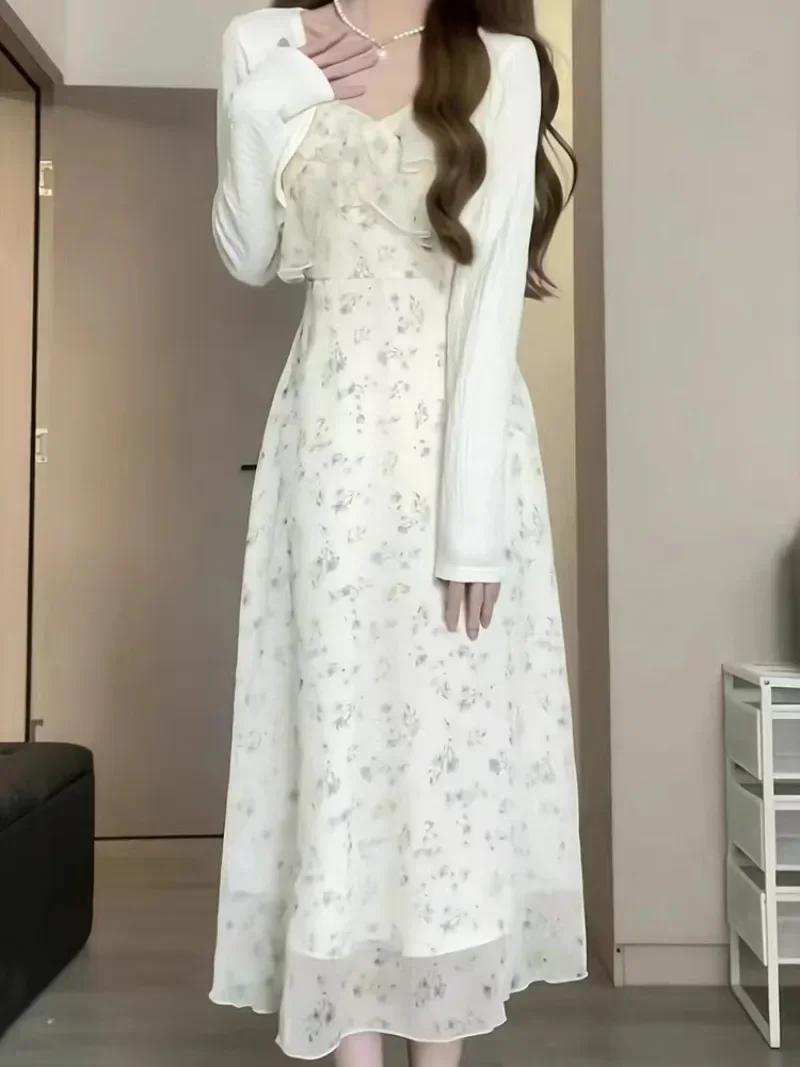 

Summer Ruffles Dress Fashion French Elegant Dress Suspender A-line Dress Y2k Korean Flower Printed Sweet Chiffon Sexy Dresses