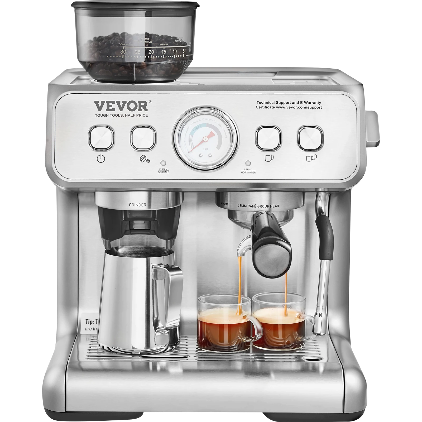 VEVOR Espresso Machine with Grinder, 15 Bar Semi-Automatic Espresso Coffee Maker w/Milk Frother Steam Wand, for Cappuccino,Latte