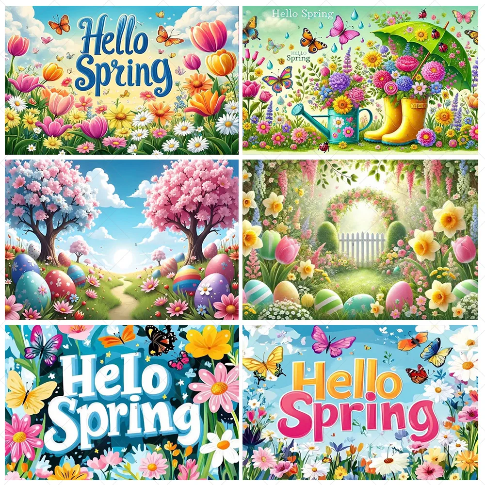 

Hello Spring Theme Background Banner Butterfly Flower Photography Backdrop Supplies Easter Party Decorations Photo Shoot Props