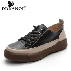 DRKANOL Fashion Women Flat Shoes Slip On Casual Loafers Spring Autumn Mixed Colors Genuine Cow Leather Low Top Retro Lady Shoes