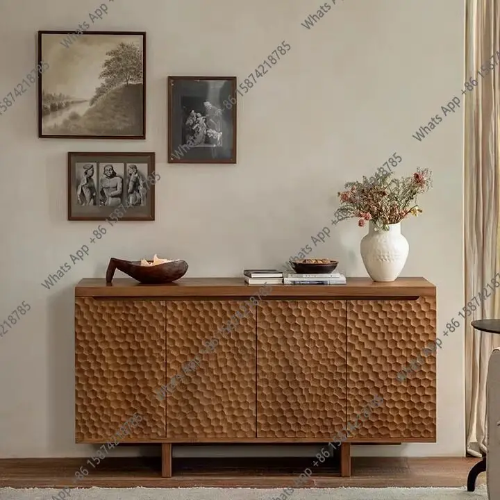 

Medieval wabi-sabi wind teak color side cabinet solid wood three-dimensional carving art locker designer