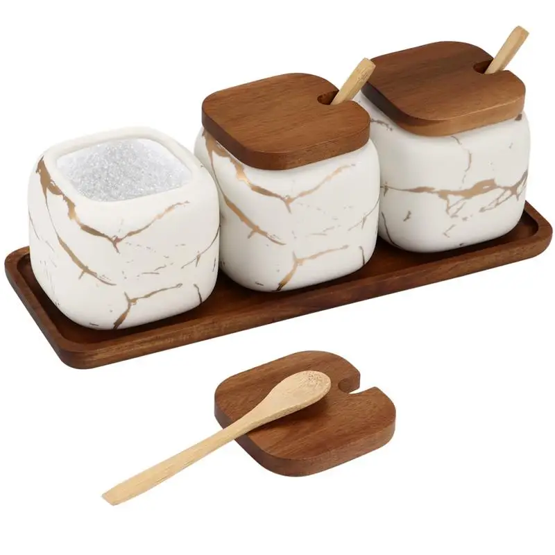 3Pcs Ceramic Sugar Containers Set Sugar Bowls With Lids And Spoons Condiment Jars Set Wooden Tray Marble Seasoning Spice Pots