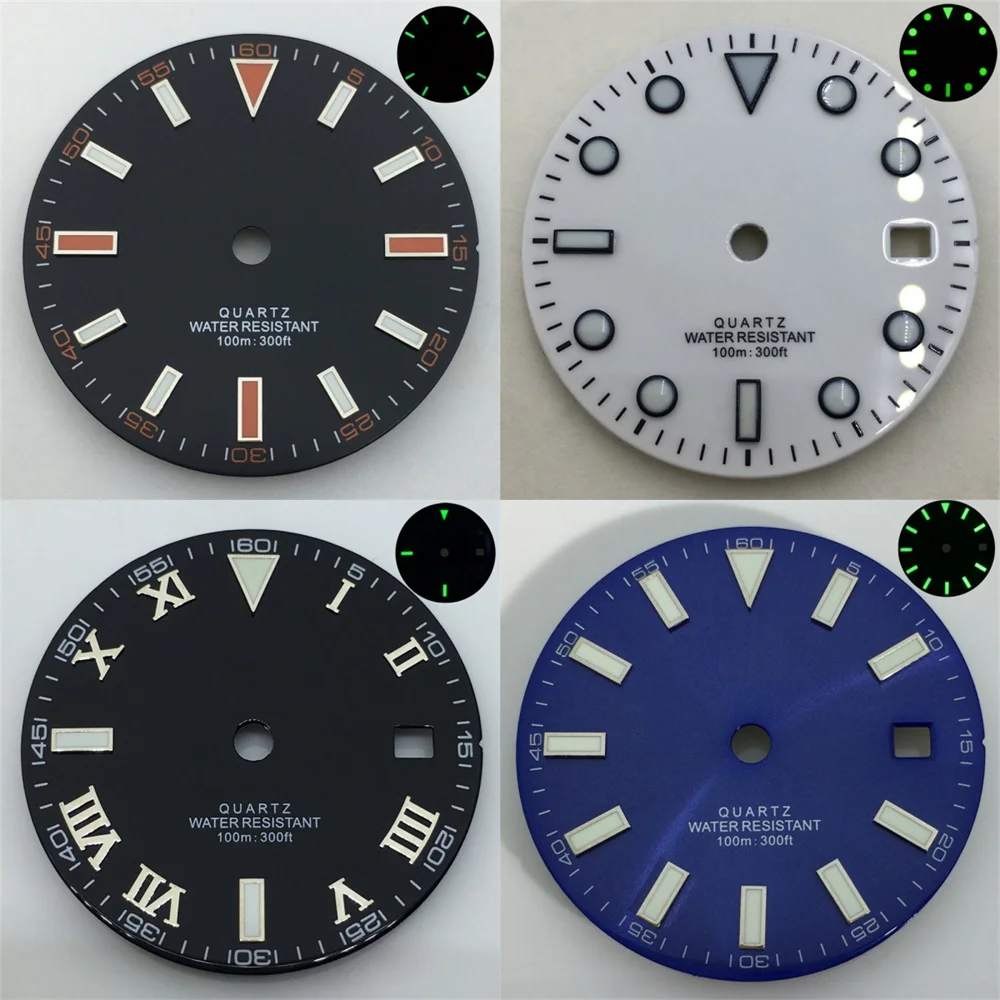 قرص ساعة كوارتز 29 ملم قرص أسود وأبيض وأزرق لحركة كوارتز روندا 515 ليلة مضيئة خضراء