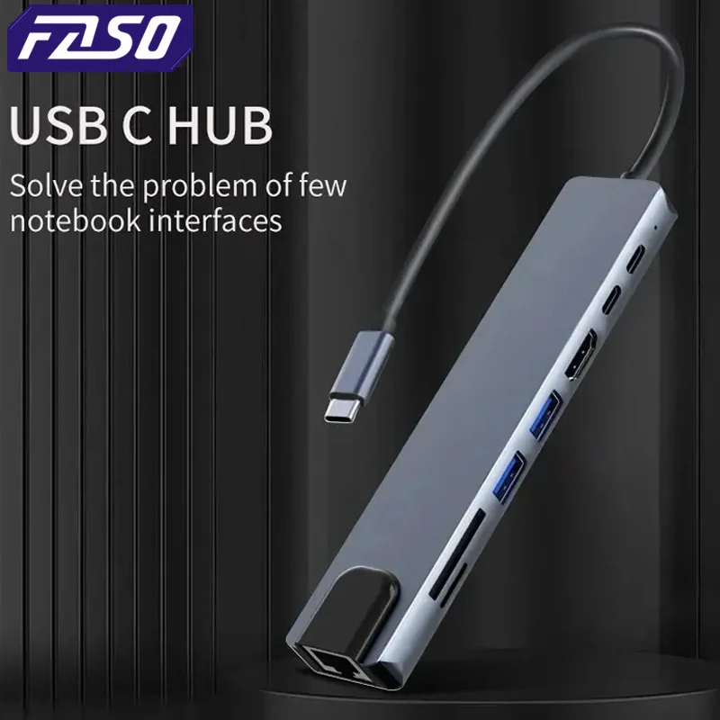 FASO Usb 8 In 1 Type C  To 4k HdTV Hub Adapter With Sd Tf Rj45 Card Reader Pd Fast Charge For Macbook Notebook Computer