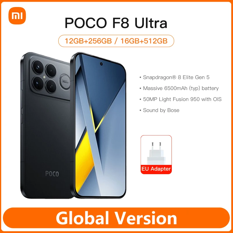 Новый 2025 Xiaomi POCO F8 Ultra Global Version Snapdragon 8 Elite Gen 5 6500 мАч 6,9 дюйма 120 Гц POCO Hyper RGB AMOLED-дисплей NFC 50 МП