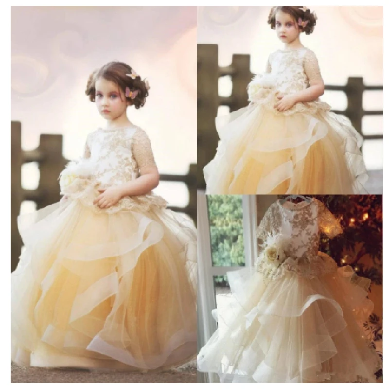 Gorgeous Flower Girl Dress Bow Sash Half Sleeve Ground Length O-neck Princess First Communion Baptismal Birthday Ball Dress