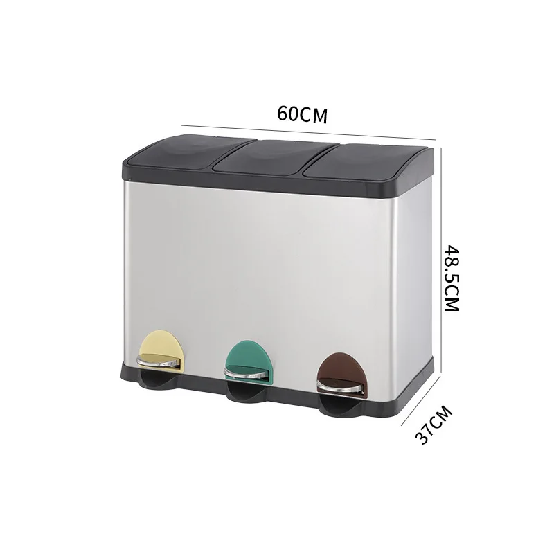 

Factory Direct Indoor Large-Capacity 45/60L Pedal Storage Bin with 410 Stainless Steel Lid and Three-Compartment Recycling Bin