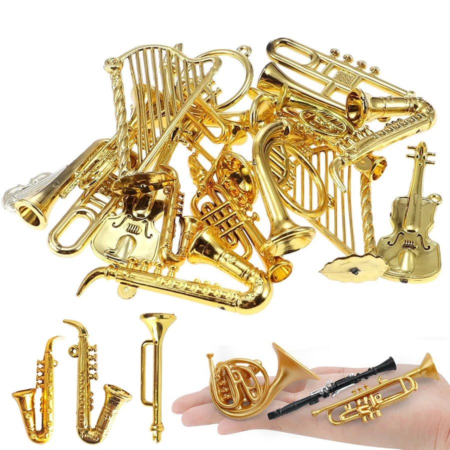 20pcs 2-7cm Mini Golden Musical Instrument Ornaments Dollhouse Miniature Desktop Decoration Creative Mini Decorative Crafts