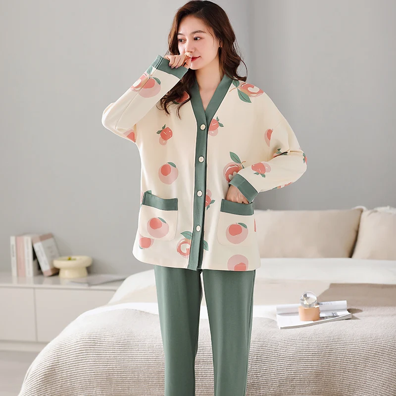 Peach Green Pajamas Sets Women Long Sleeves Long Pants Autumn Winter Cute Sleepwear Kawaii Pijamas Cozy Pyjamas Soft Nightshirts