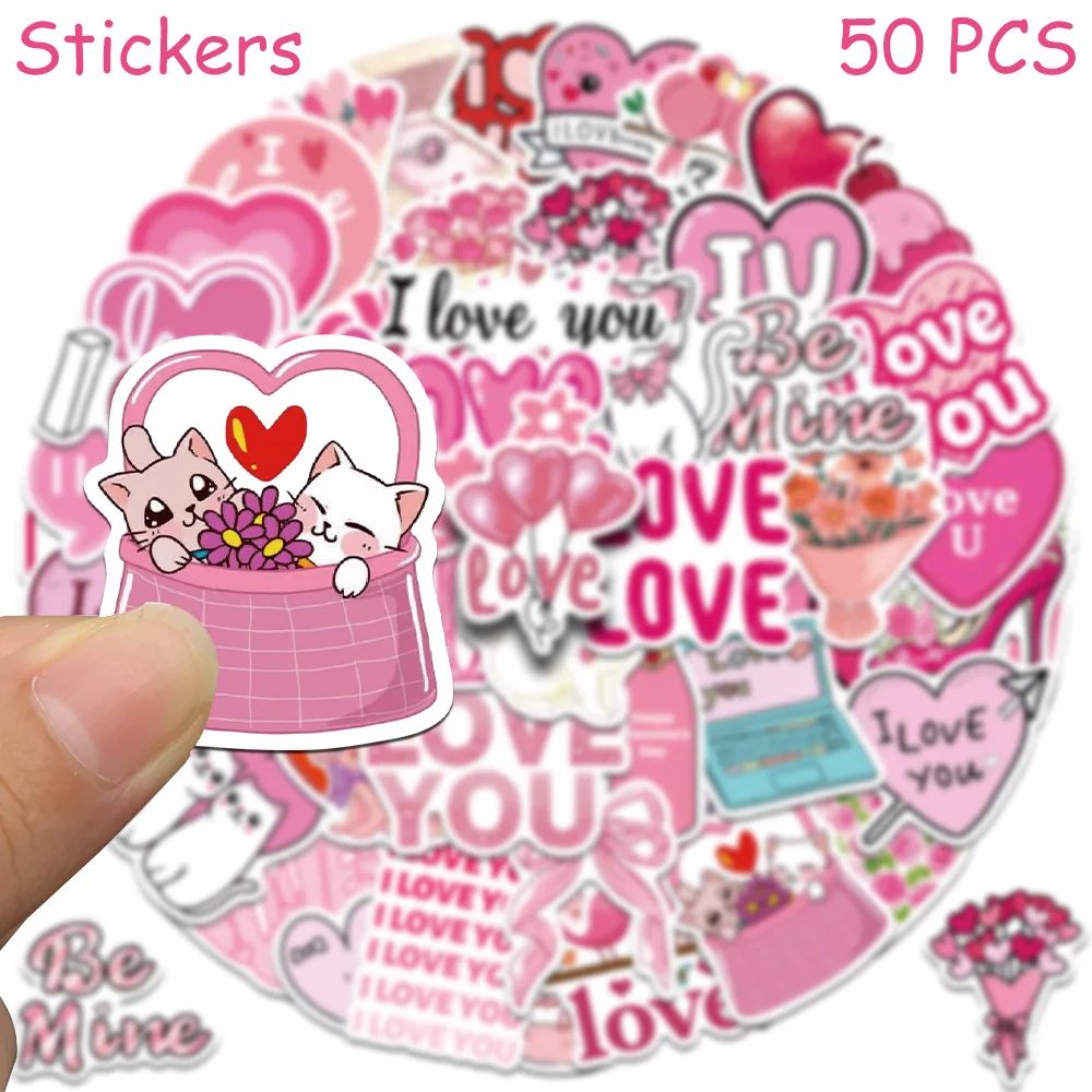 50pcs Cartoon Pink Love Stickers Decals For Laptop Notebook Refrigerator Skateboard Guitar DIY Aesthetic Waterproof Stickers