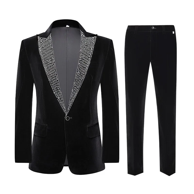 Men\'s Black Velvet Suit Wedding Banquet Evening Party Host Tuxedo Suits Rhinestones Lapel Collar Blazer Pants 2 Piece Set