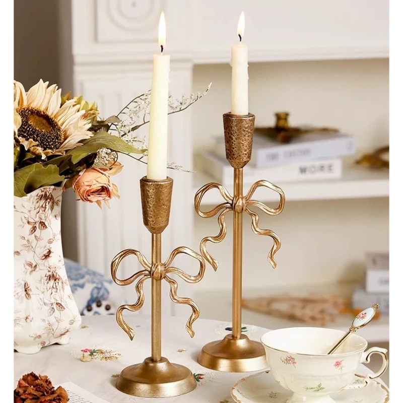 1PC French Style Candle Holder with Bow Knot Golden Luxury Advanced Sense Romantic Photo Props Home Decoration