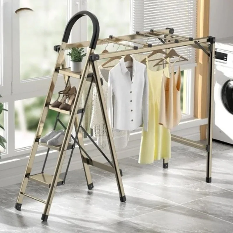 

Household Floor Retractable Clothes Hanger Indoor Folding Aluminum Alloy Ladder Thickened Coat Rack Simple Home Furniture Gold