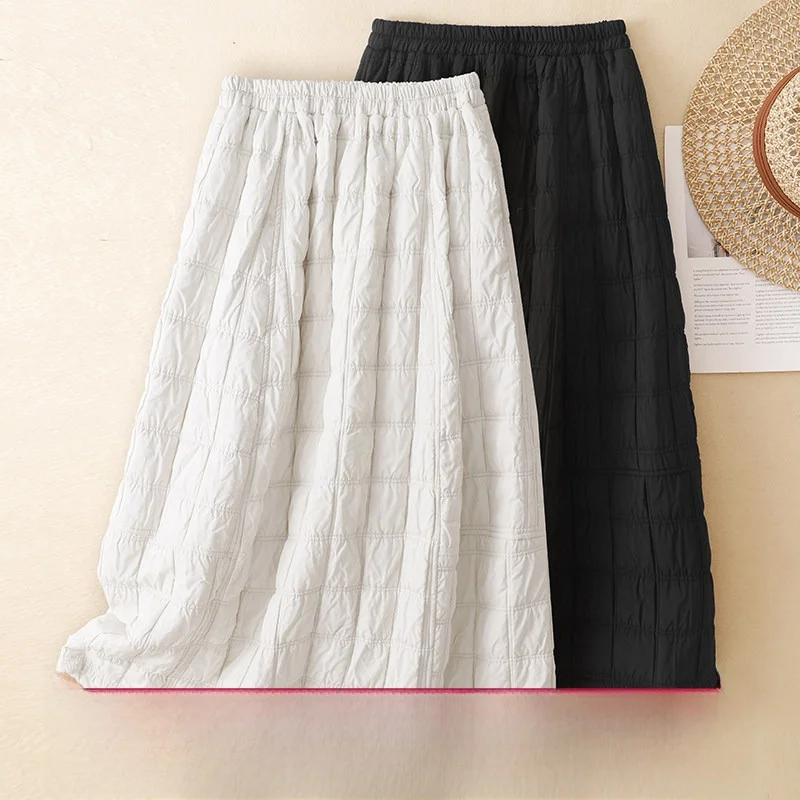 Winter New Thickened Quilted Plaid Cotton A-Line Skirt High Waist Pure Color Button Ladies Casual Commute Style Skirt